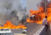 राजस्थान: नेशनल हाईवे पर पलटा तेल टैंकर, 200 मीटर तक फैली आग, एक जिंदा जला