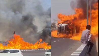 राजस्थान: नेशनल हाईवे पर पलटा तेल टैंकर, 200 मीटर तक फैली आग, एक जिंदा जला