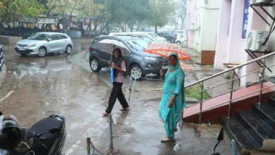 हनुमानगढ़ में रिमझिम का दौर जारी, बारिश से बचने को लिया छाते का सहारा